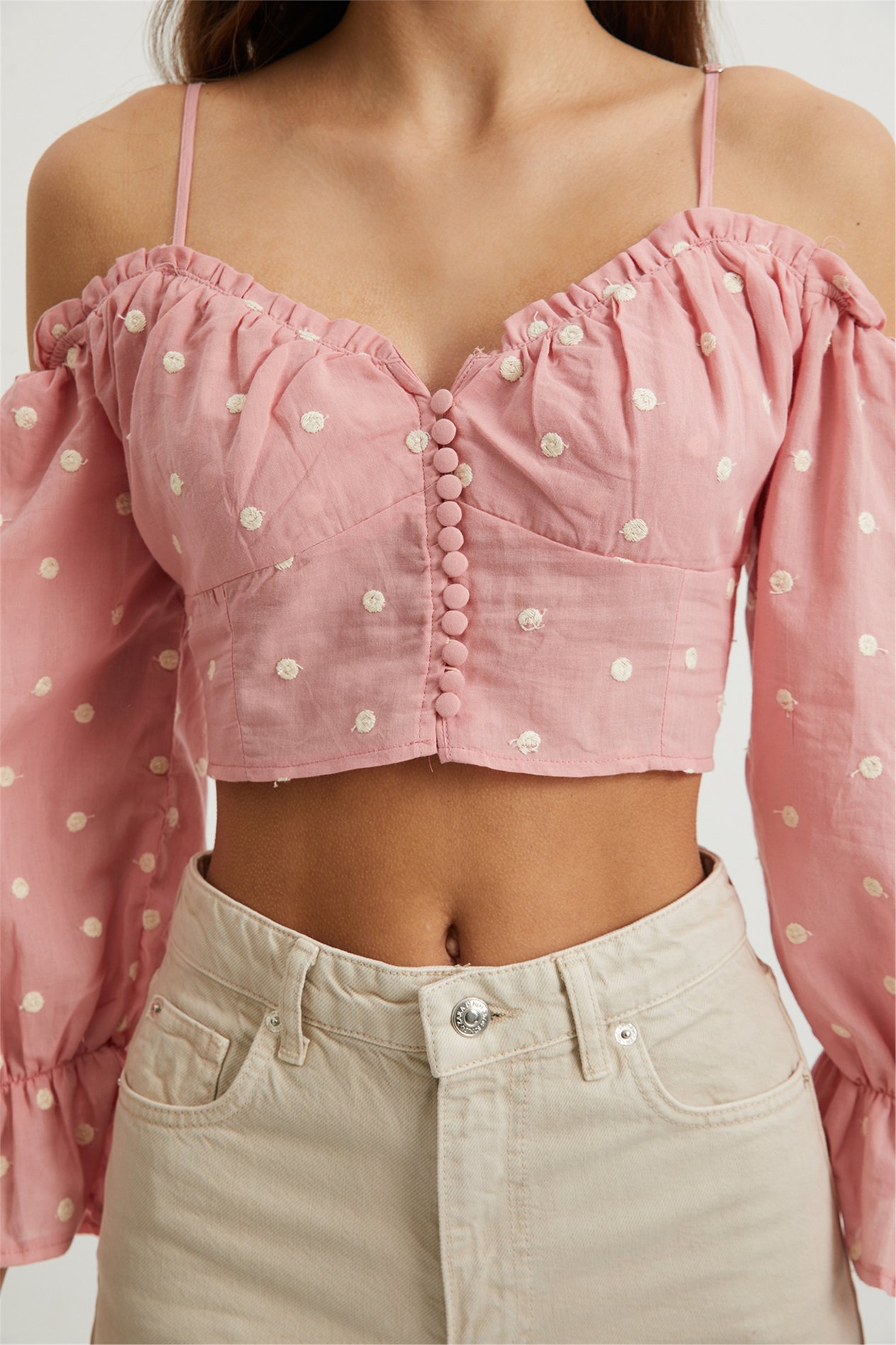 Pembe Nakışlı Crop Bluz