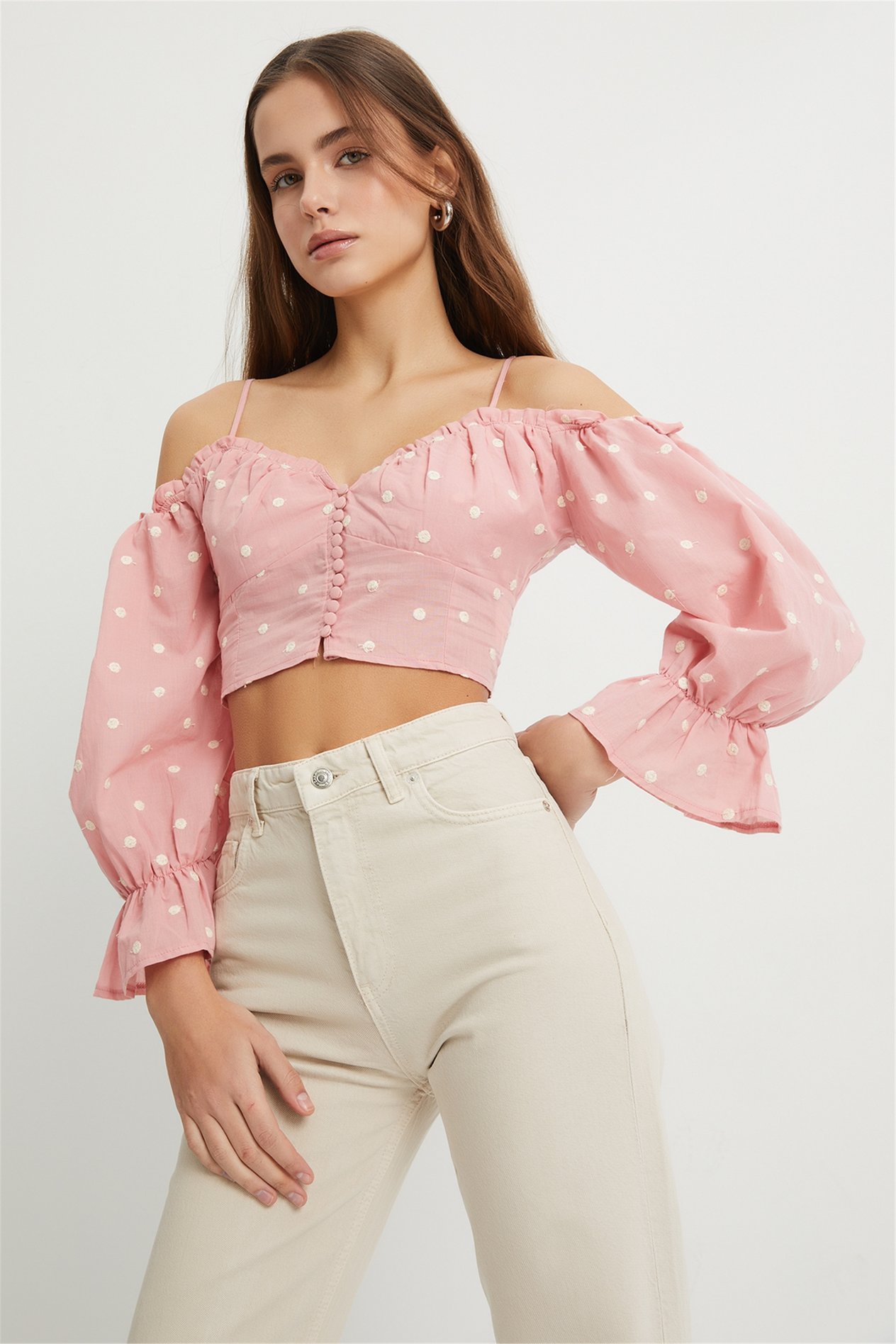 Pembe Nakışlı Crop Bluz