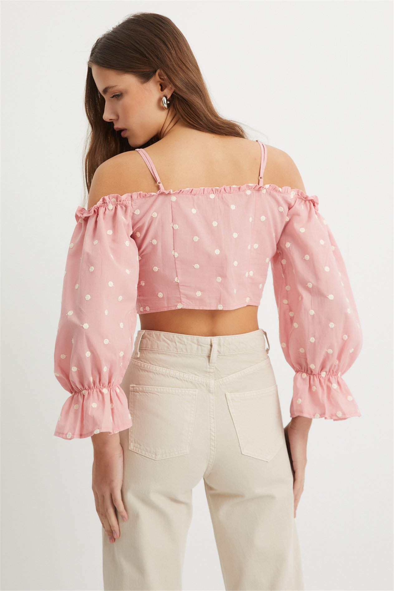 Pembe Nakışlı Crop Bluz