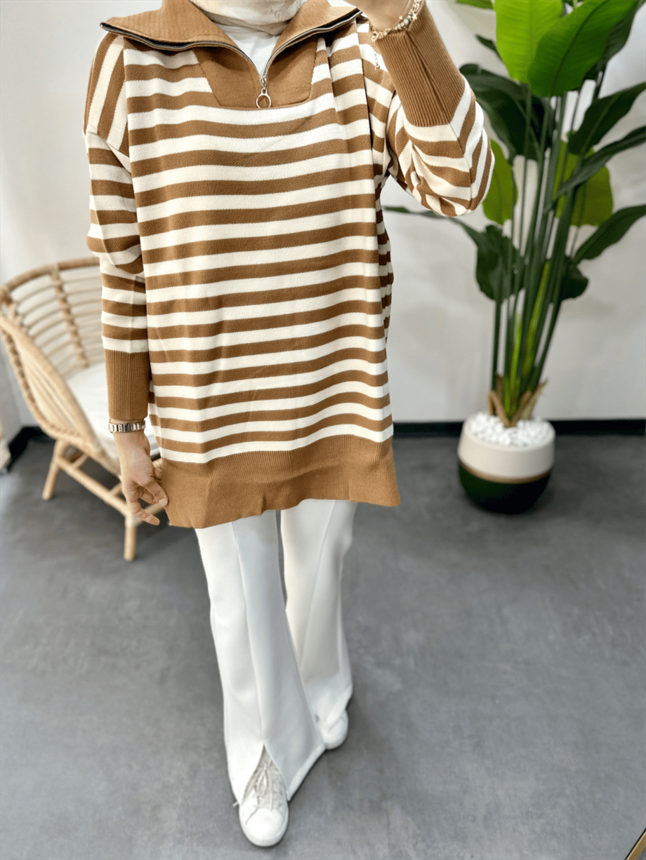 Fermuarlı Çizgili Triko Tunik Camel