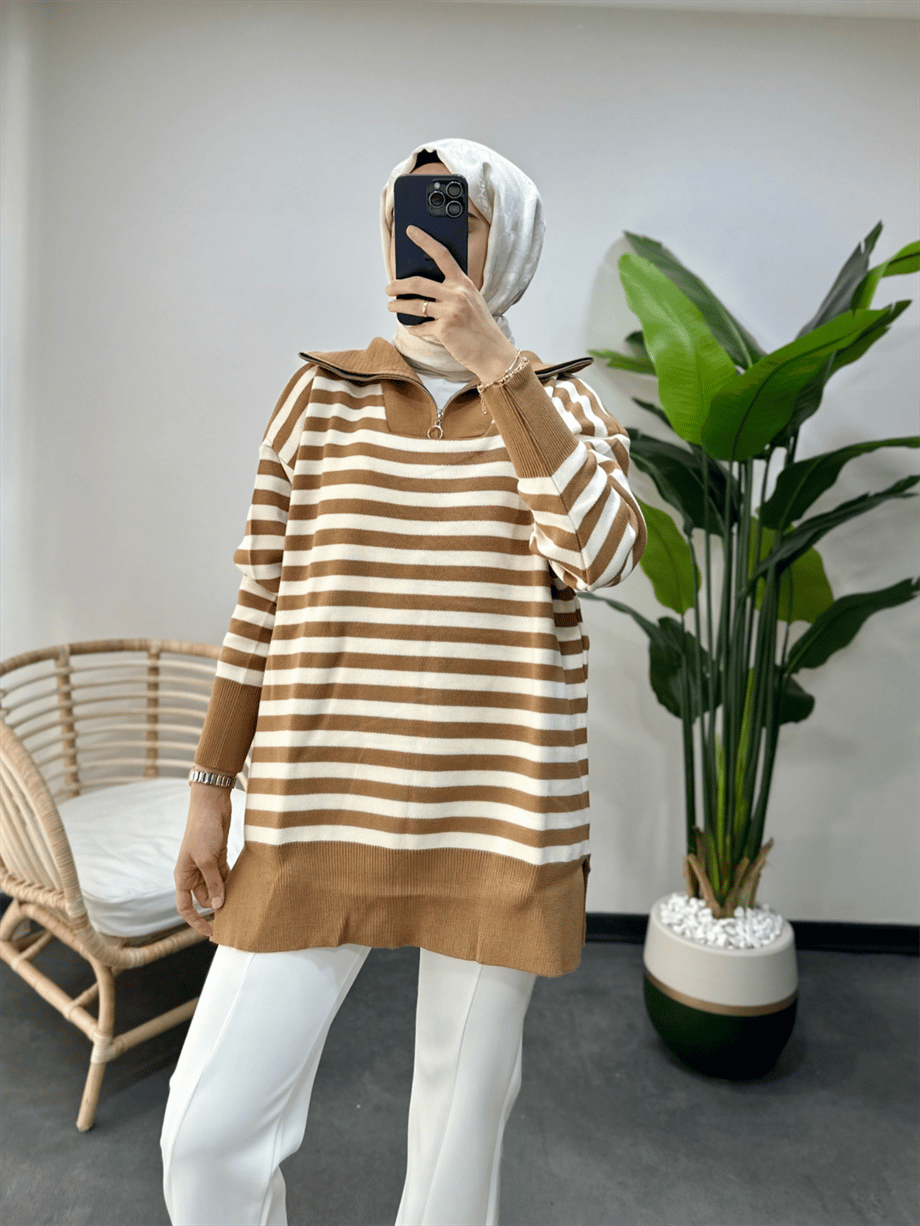 Fermuarlı Çizgili Triko Tunik Camel