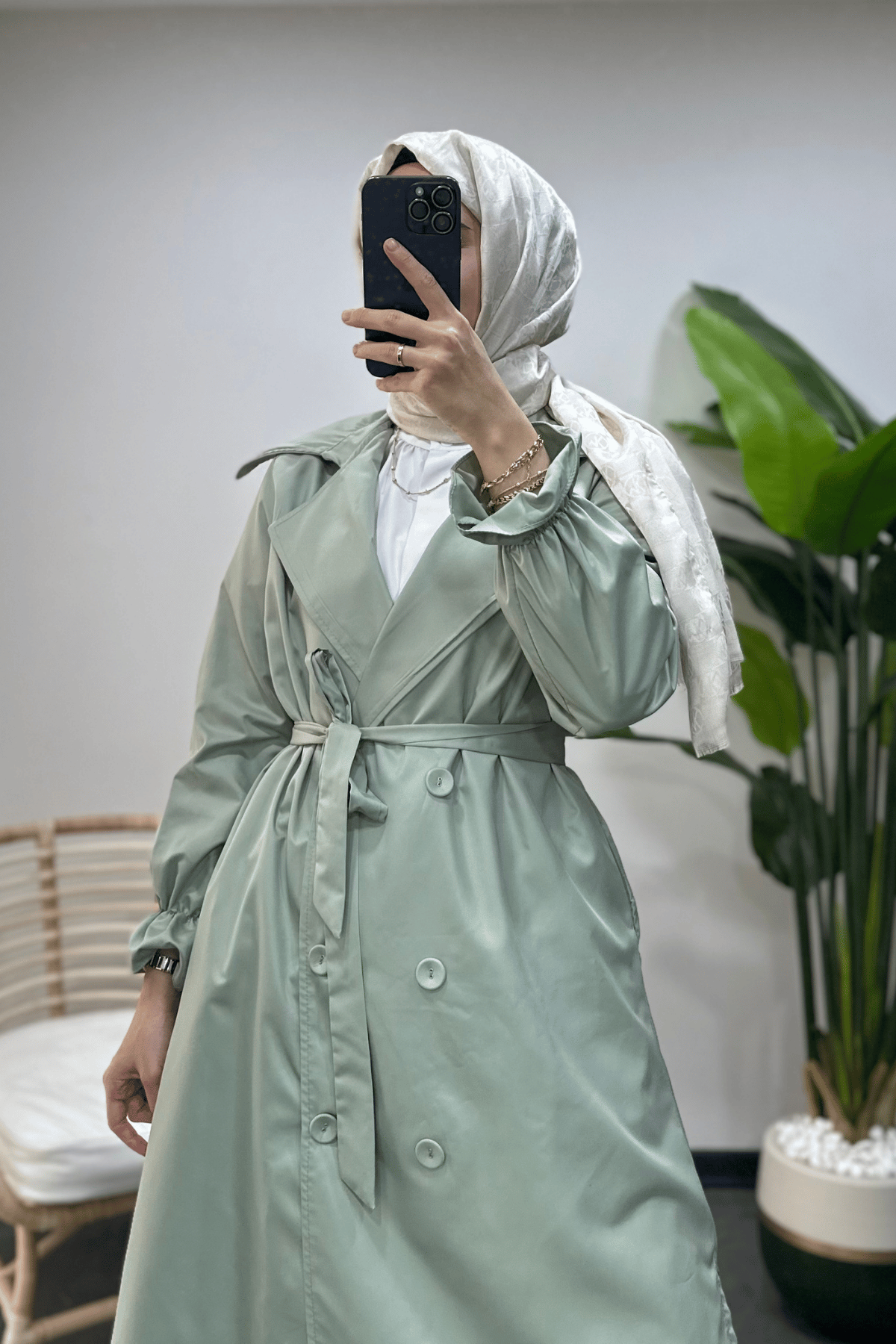 Kumaş Düğmeli Trençkot Mint Yeşili