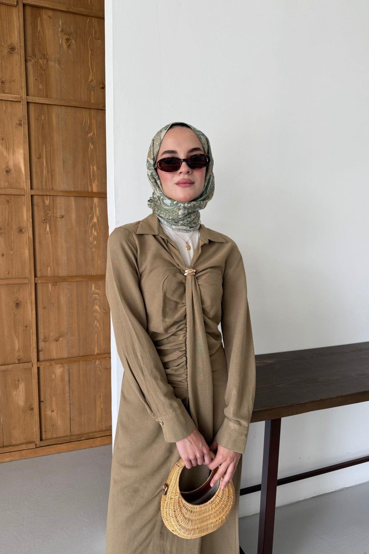 Liza Keten Elbise Haki