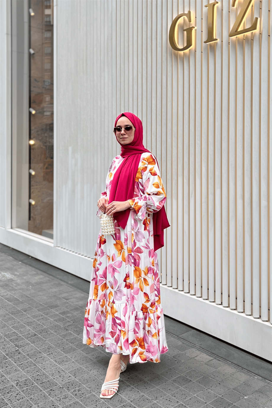Mona Yaprak Desenli Elbise Pembe