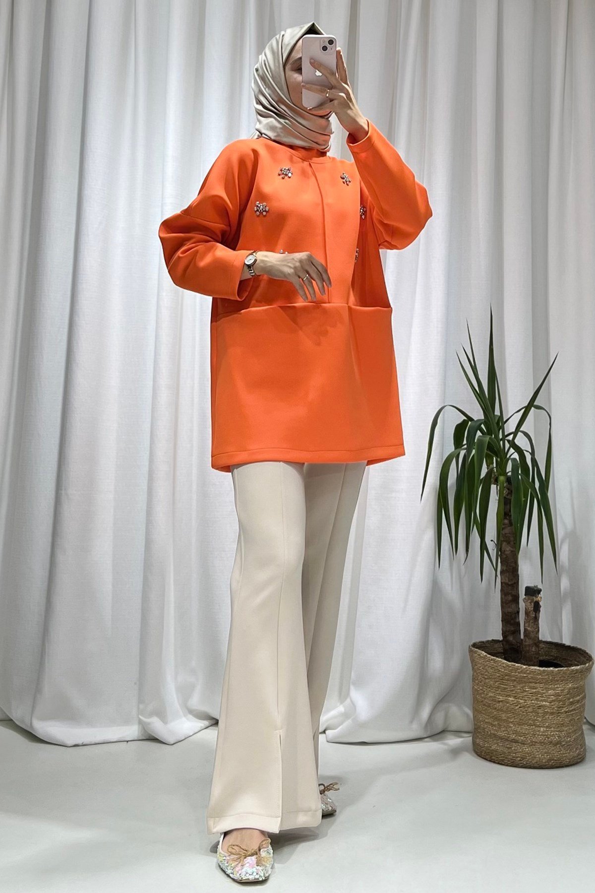 Taş Detaylı Oranj Scuba Tunik