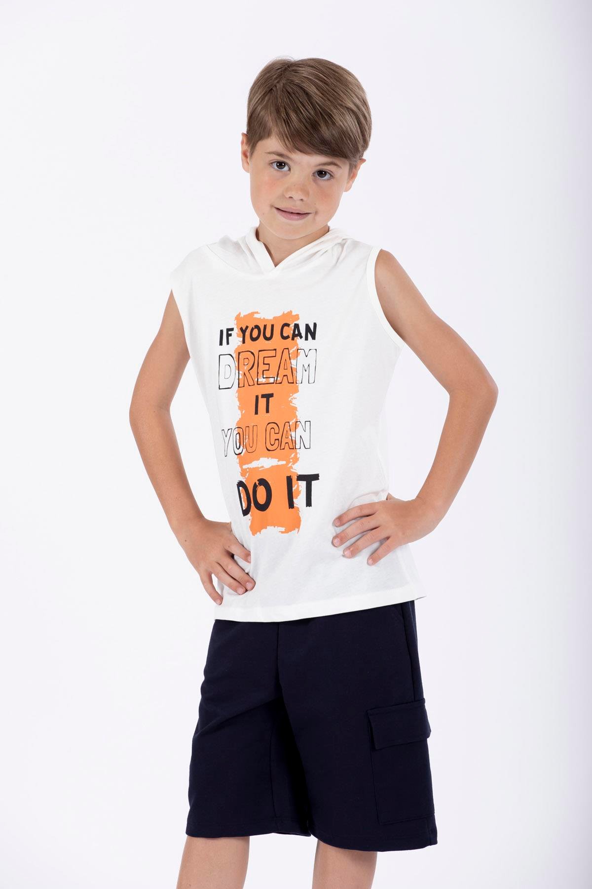 Baskılı Kapüşonlu Sıfır Kol Ekru Renk Erkek Çocuk Tshirt