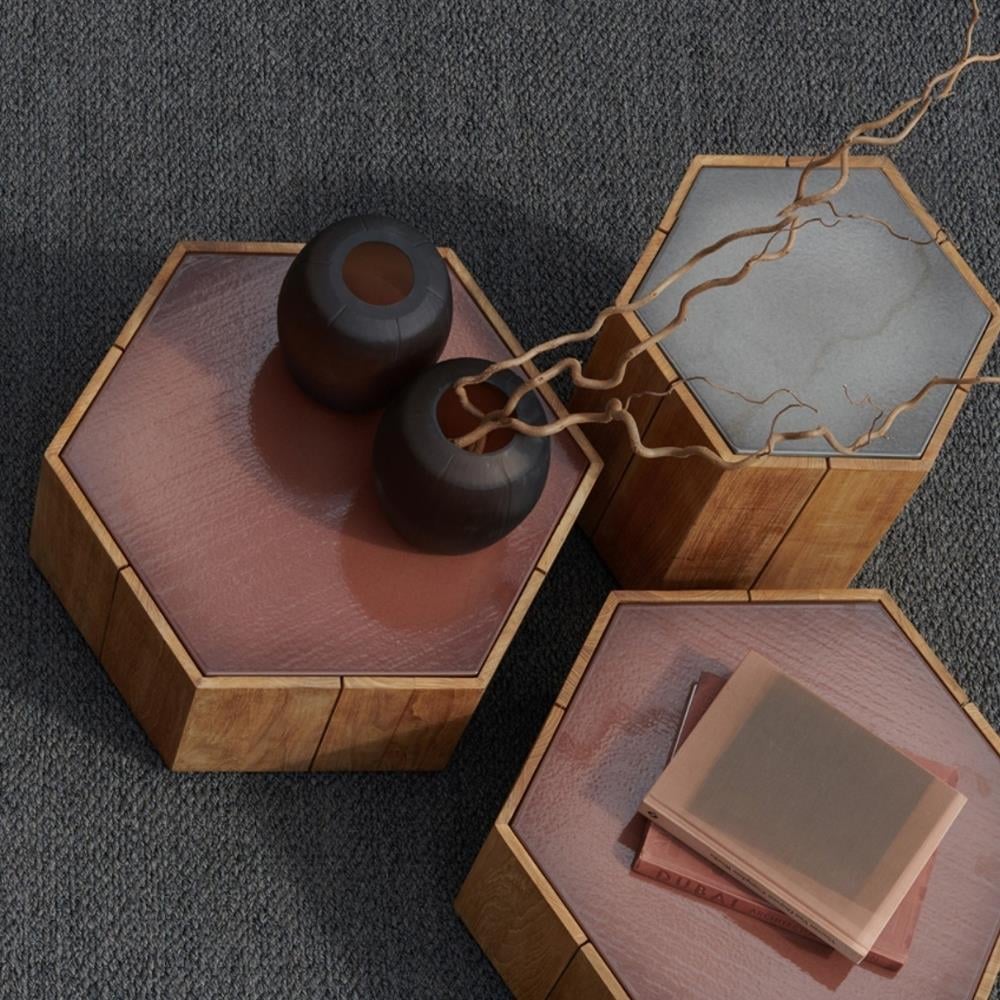 Hexagon Teak Yan Sehpa -Top Linen (L10) -50 cm