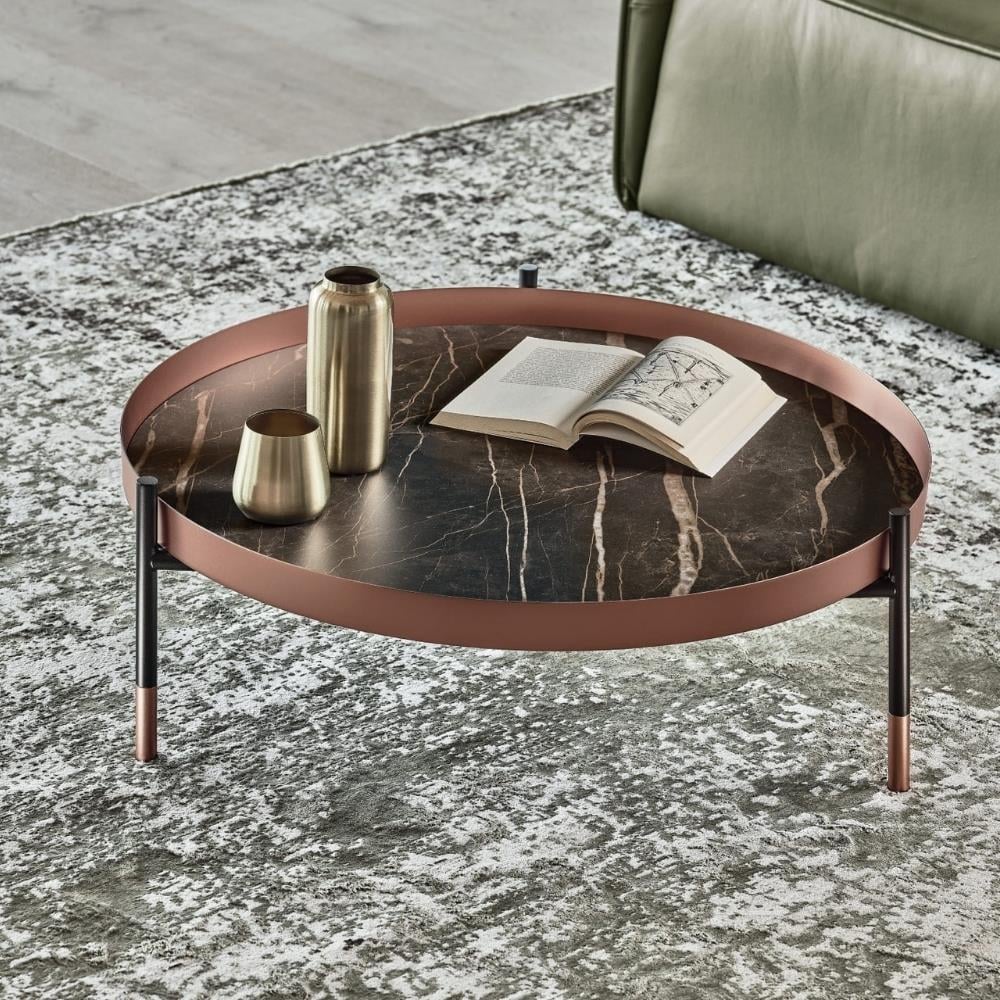 Planet Orta Sehpa-Frame Aged Brass (M328)-Decorative Details Lacquered Rose (M329)-Top Velvet Matt Anthtacite Glass (C183S)