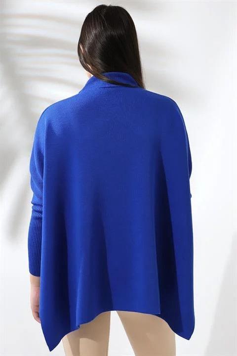 Oversize Yırtmaçlı Triko Panço Kazak Saks Mavi