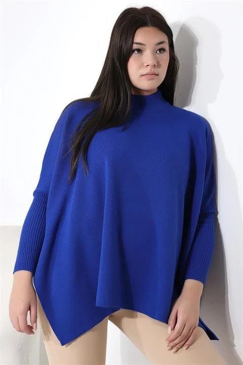 Oversize Yırtmaçlı Triko Panço Kazak Saks Mavi