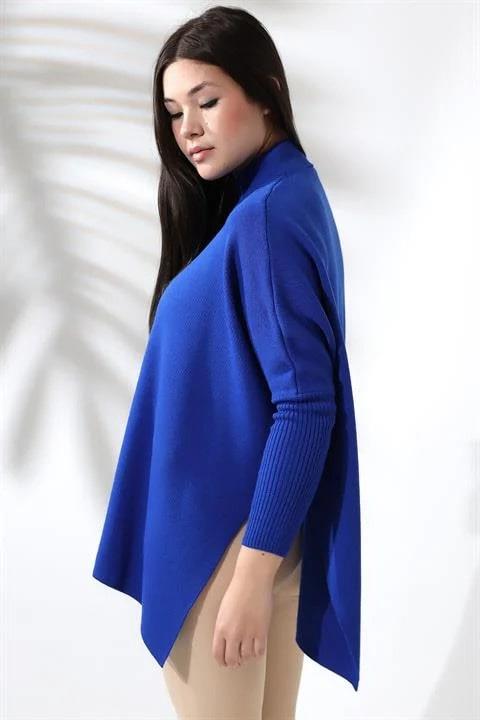 Oversize Yırtmaçlı Triko Panço Kazak Saks Mavi