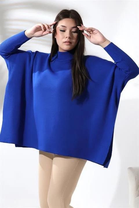 Oversize Yırtmaçlı Triko Panço Kazak Saks Mavi