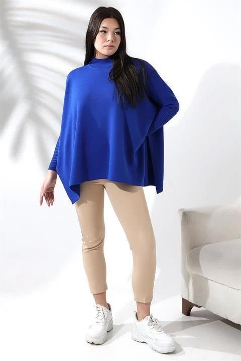 Oversize Yırtmaçlı Triko Panço Kazak Saks Mavi