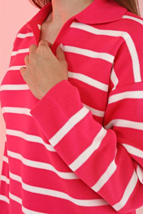 Pembe Oversize Polo Yaka Çizgili Uzun Kollu Triko Kazak