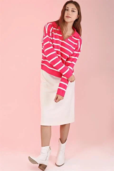 Pembe Oversize Polo Yaka Çizgili Uzun Kollu Triko Kazak