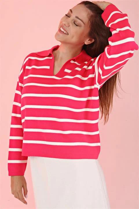Pembe Oversize Polo Yaka Çizgili Uzun Kollu Triko Kazak
