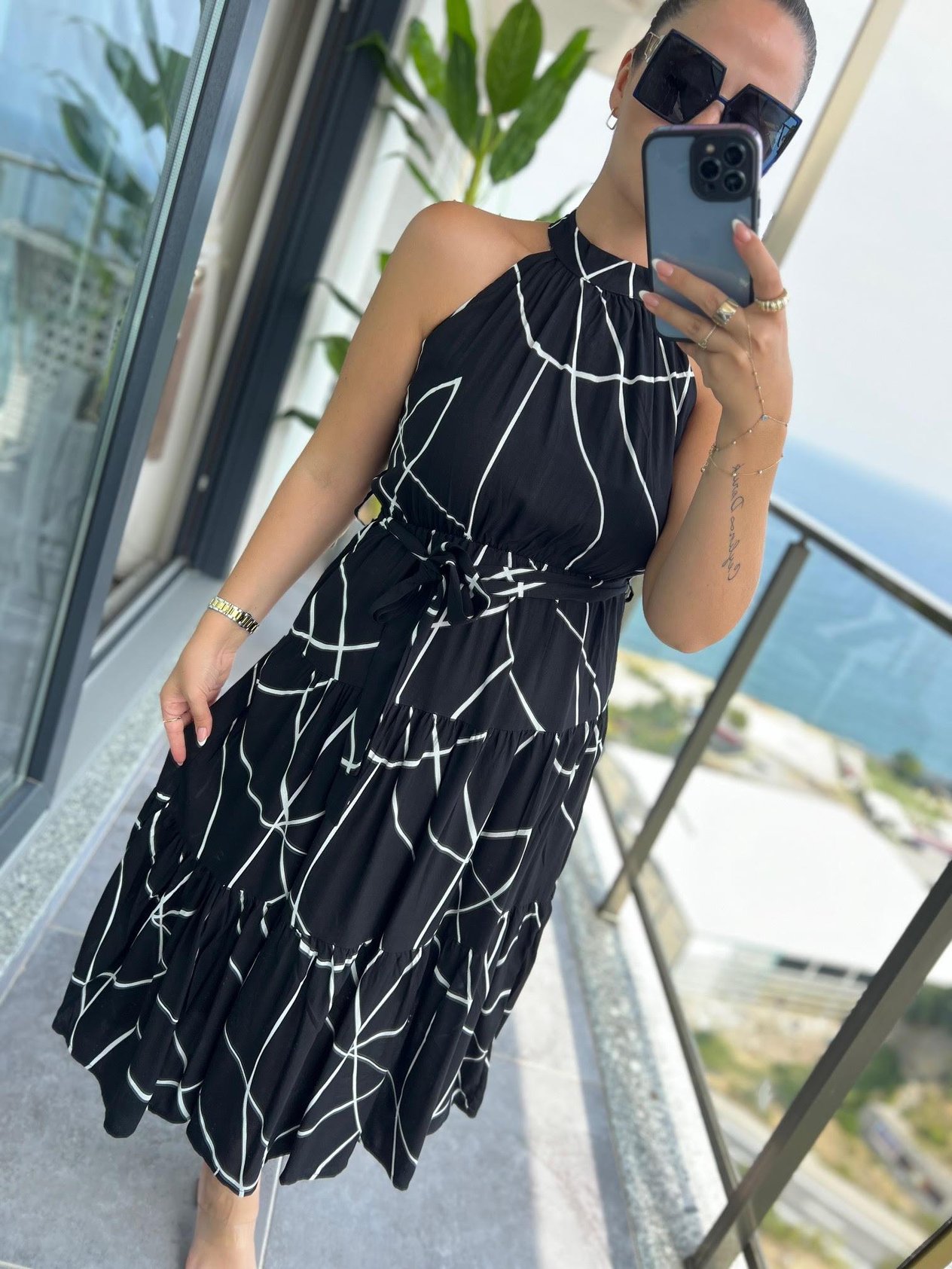 07 Halter Yaka Elbise ÇİZGİLİ