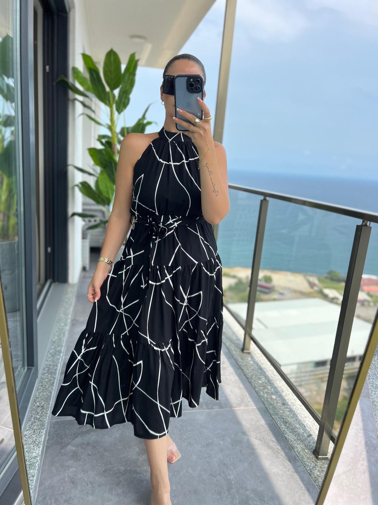 07 Halter Yaka Elbise ÇİZGİLİ