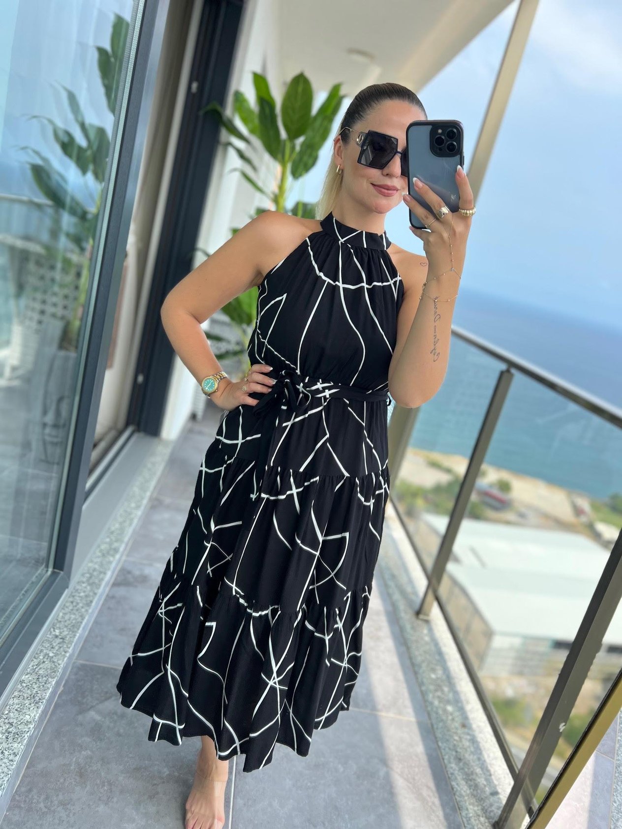 07 Halter Yaka Elbise ÇİZGİLİ