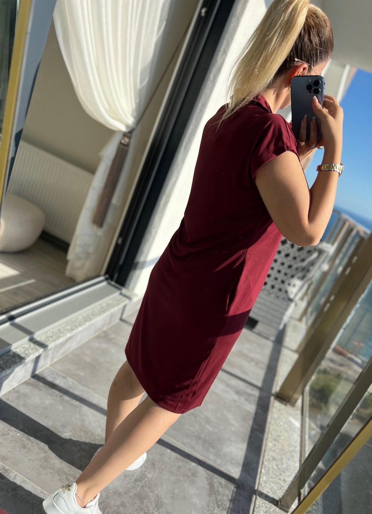 1015 Polo Yaka Modal Kumaş Elbise BORDO