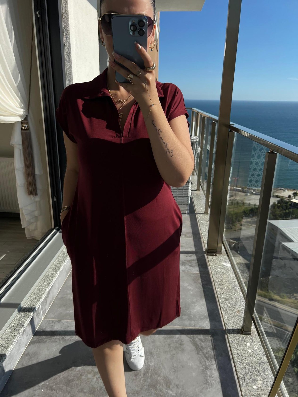 1015 Polo Yaka Modal Kumaş Elbise BORDO