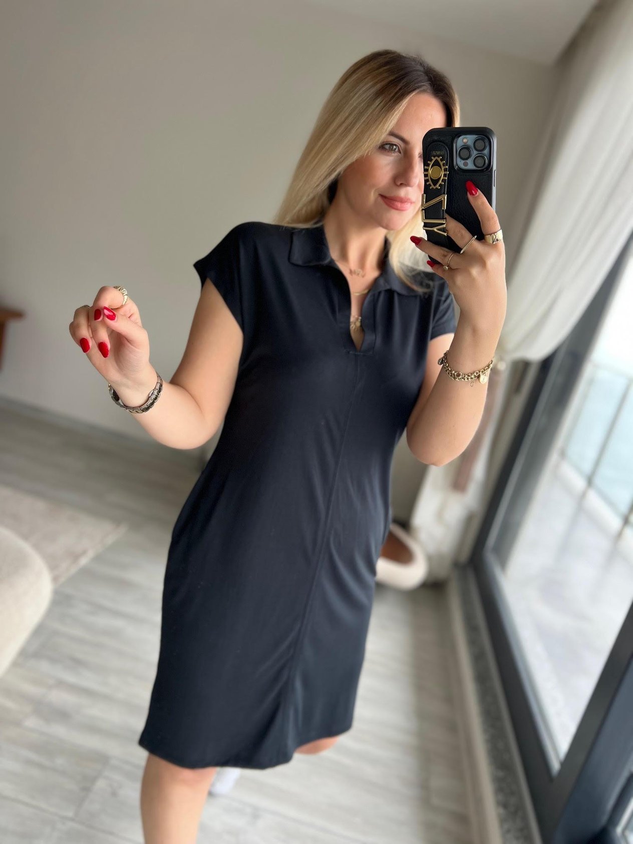 1015 Polo Yaka Modal Kumaş Elbise SİYAH