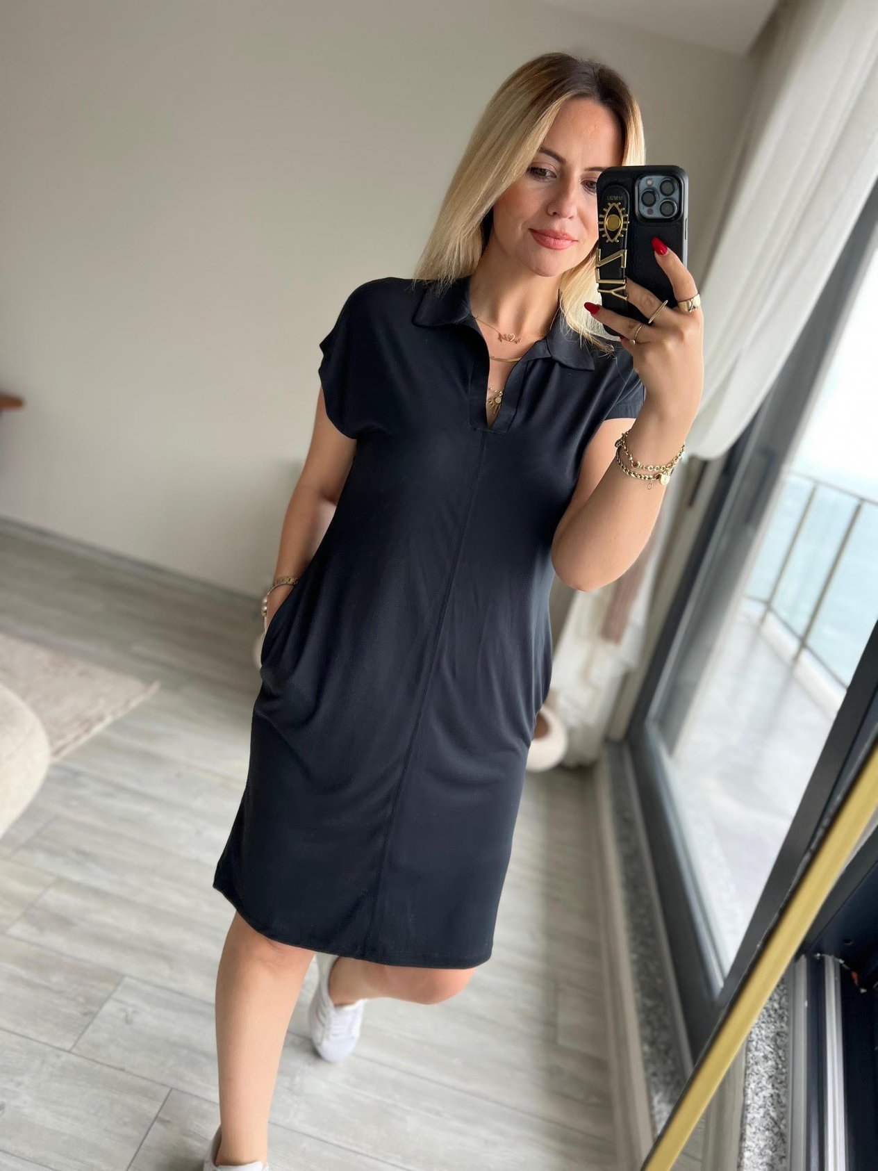 1015 Polo Yaka Modal Kumaş Elbise SİYAH