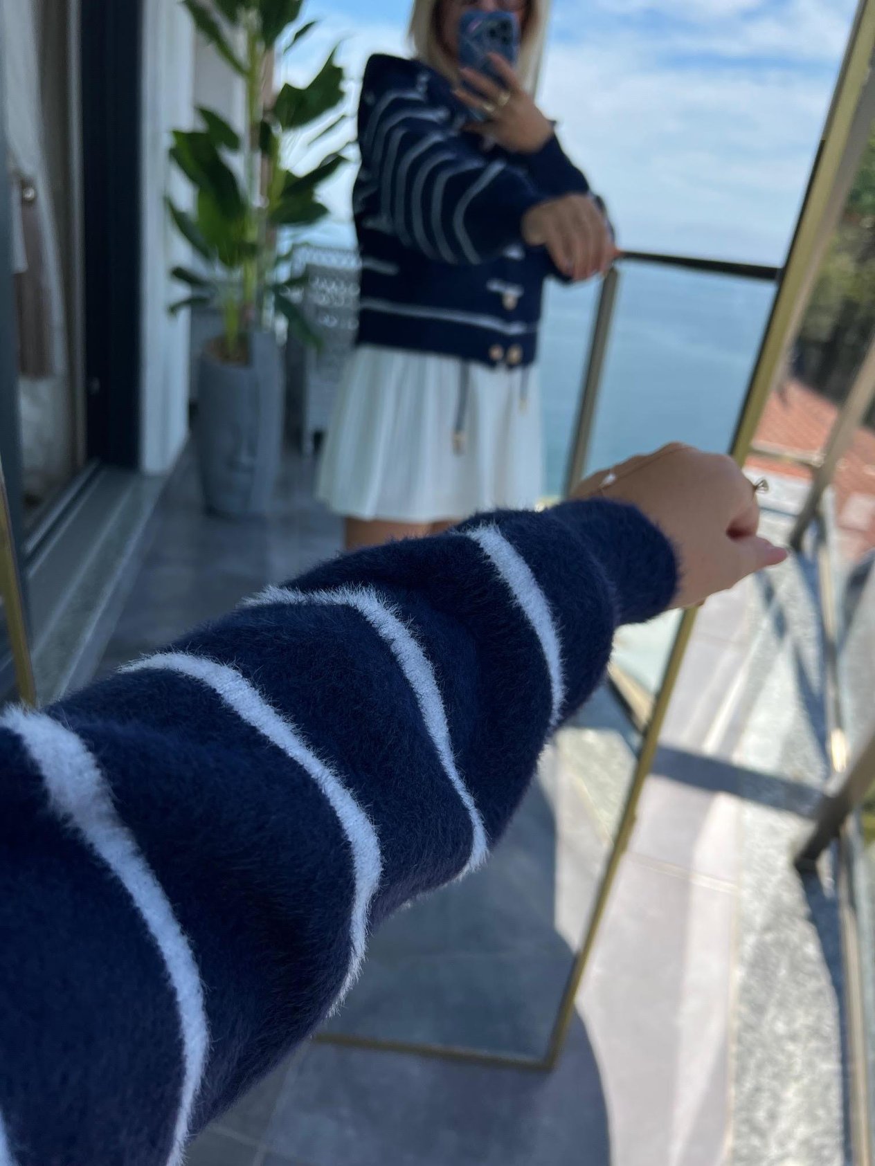 140201 Angora Kapüşonlu Çizgili Hırka LACİVERT