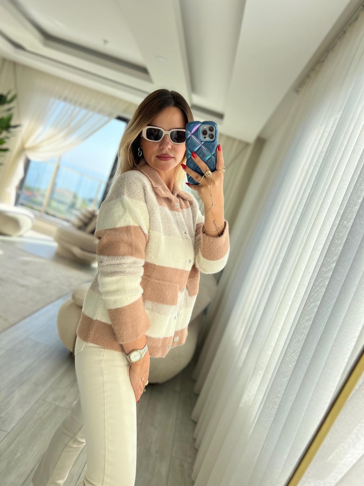 140224 Angora Çizgili Gömlek Yaka Hırka BİSKÜVİ