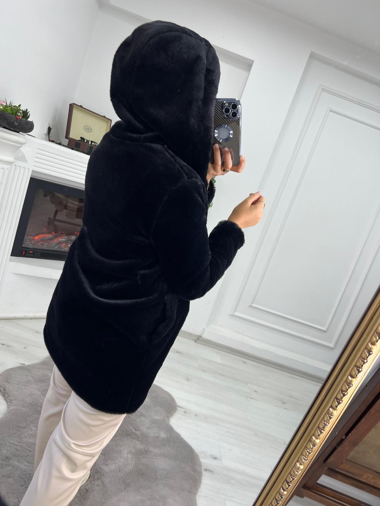 2166 Kapşonlu Uzun Peluş Kürk SİYAH