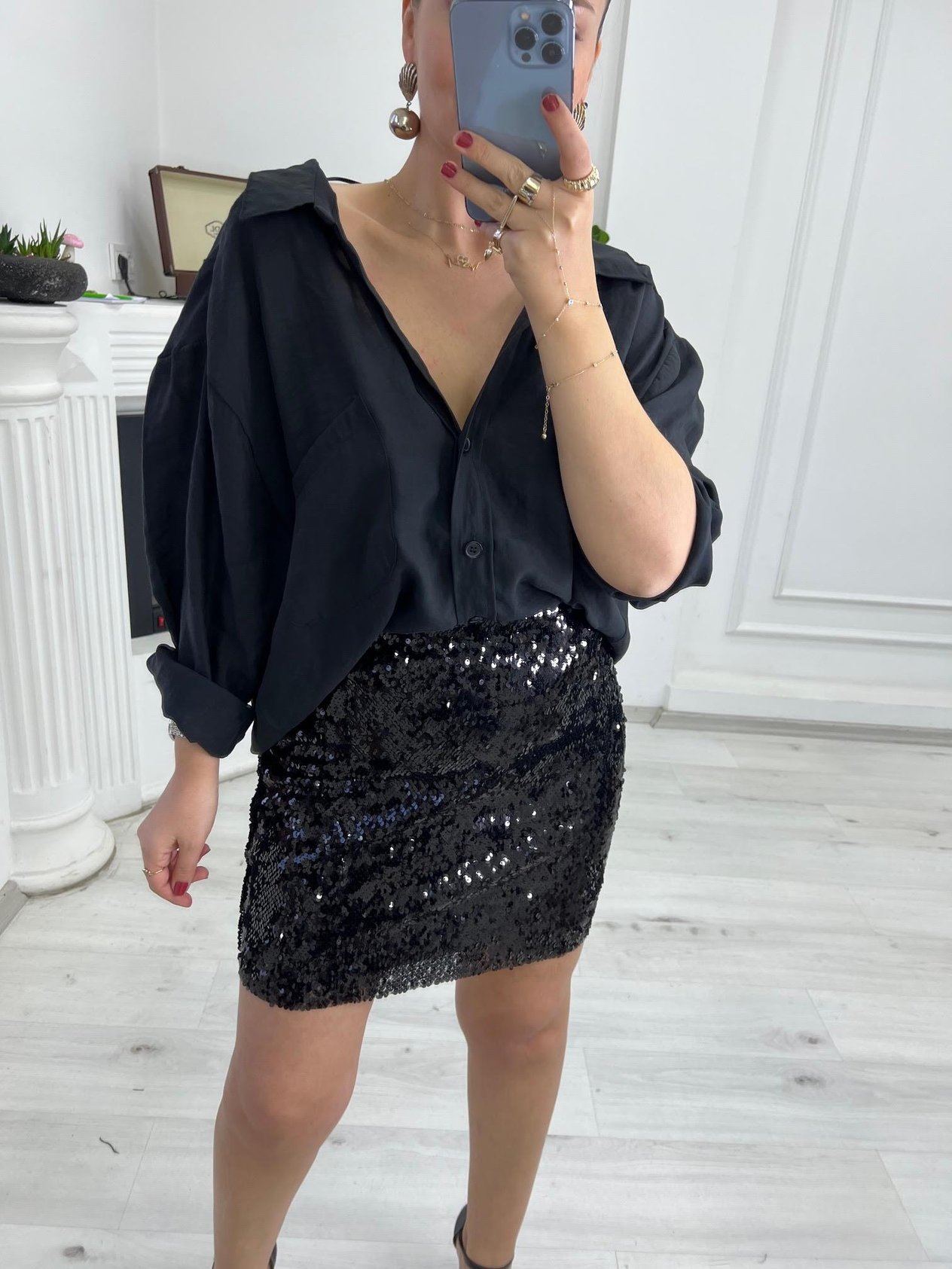 28430 Lastik Bel Payetli Etek SİYAH