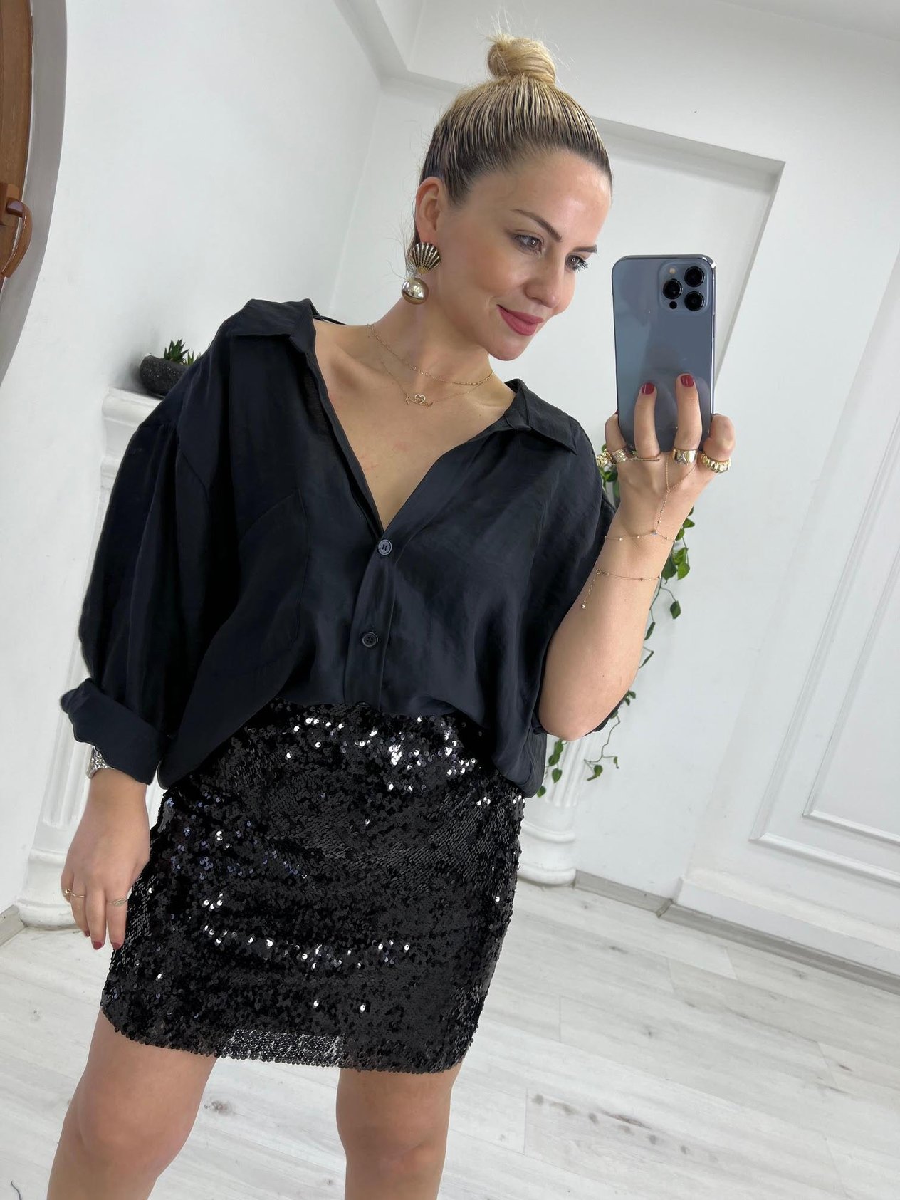 28430 Lastik Bel Payetli Etek SİYAH
