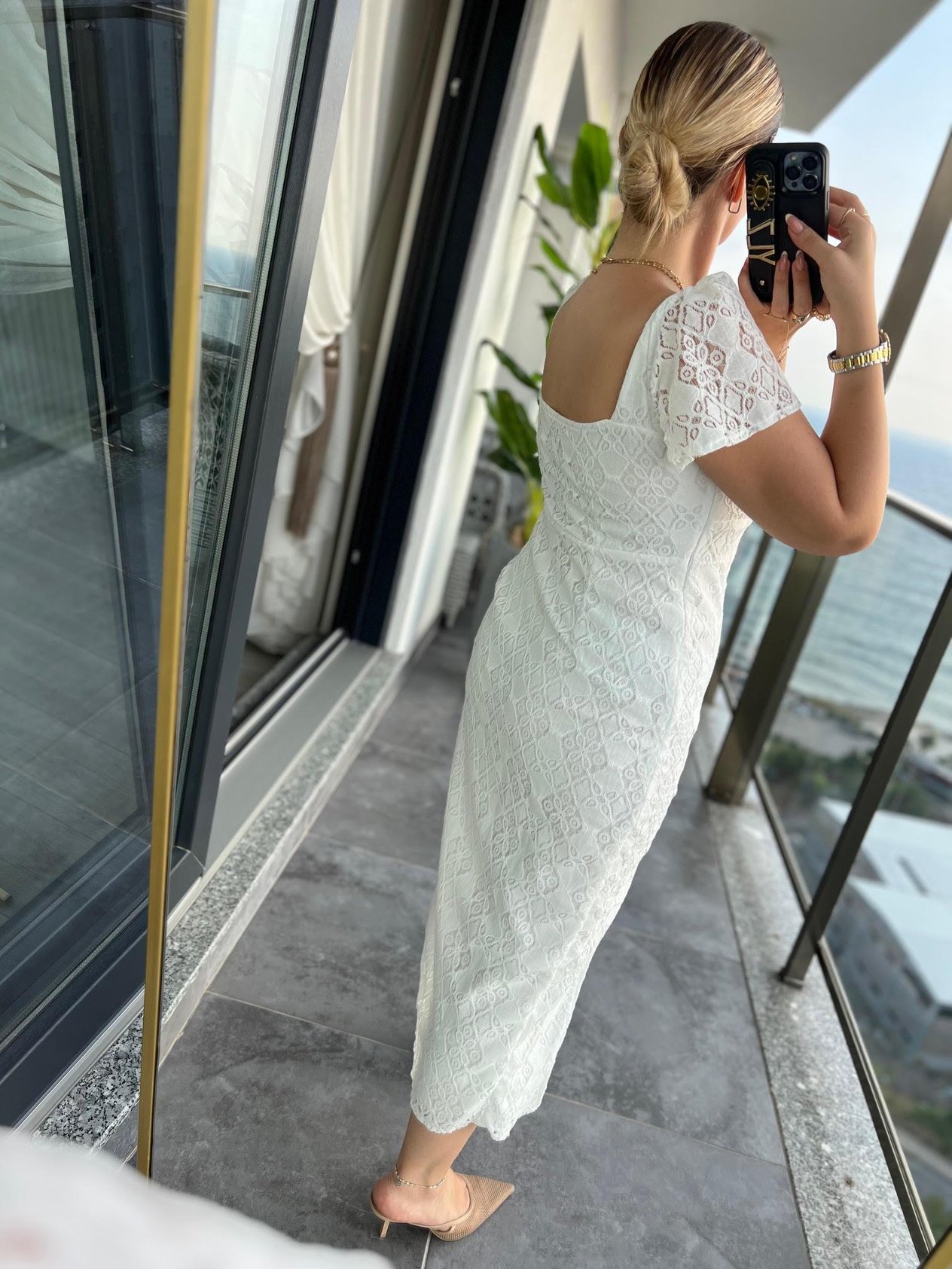 3423 Dantelli Yırtmaçlı Elbise BEYAZ