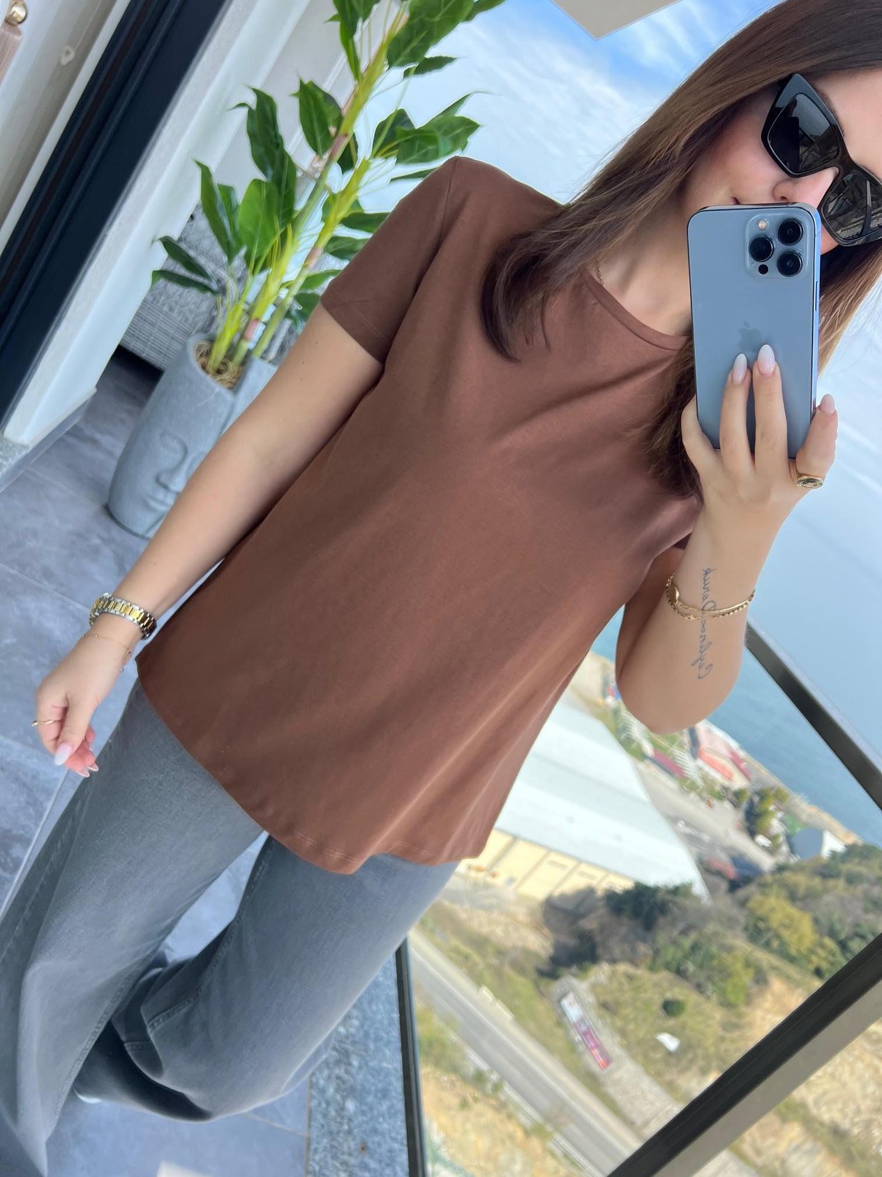 3471 Yuvarlak Yaka Basic Tshirt KAHVE