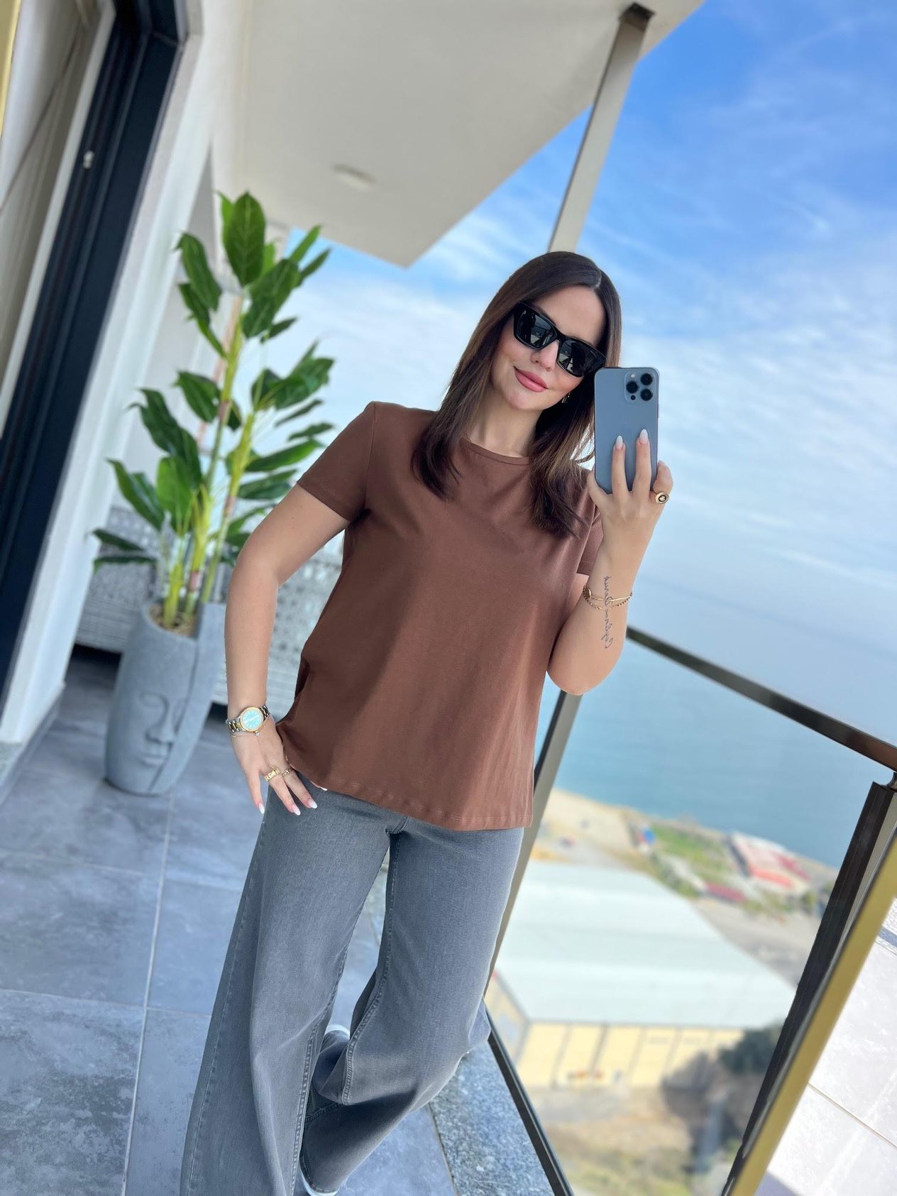 3471 Yuvarlak Yaka Basic Tshirt KAHVE