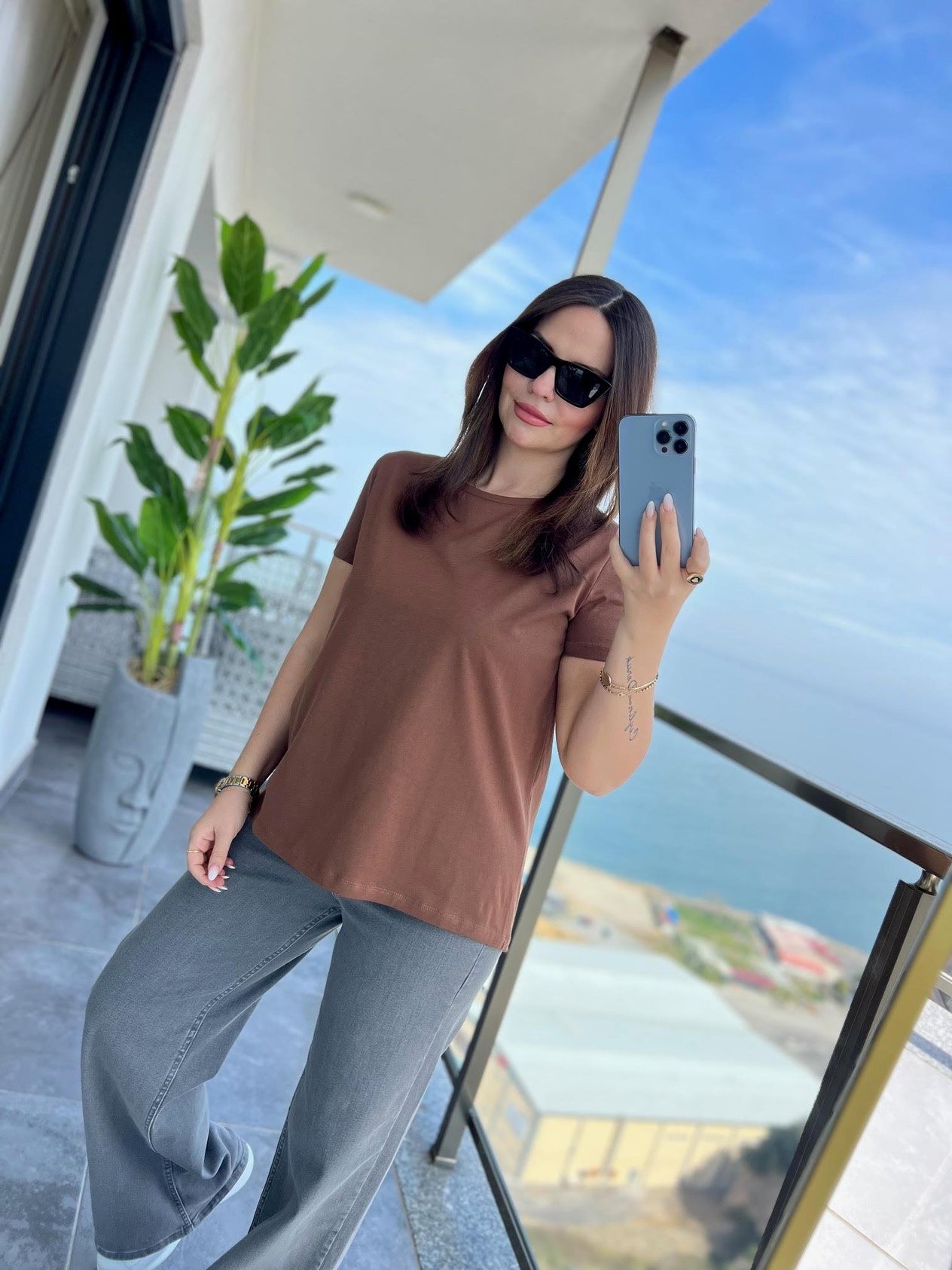 3471 Yuvarlak Yaka Basic Tshirt KAHVE