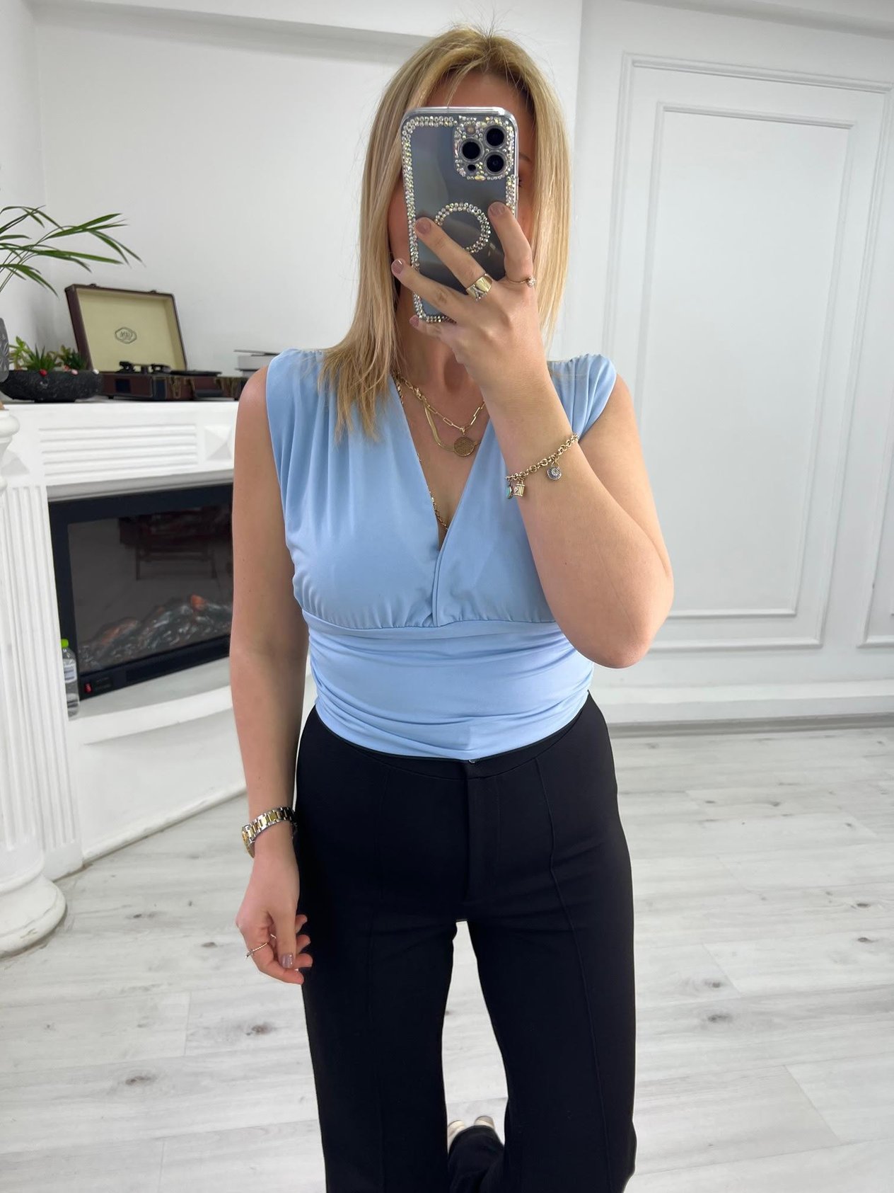 4014 Kolsuz Büzgülü Bluz BEBE MAVİ