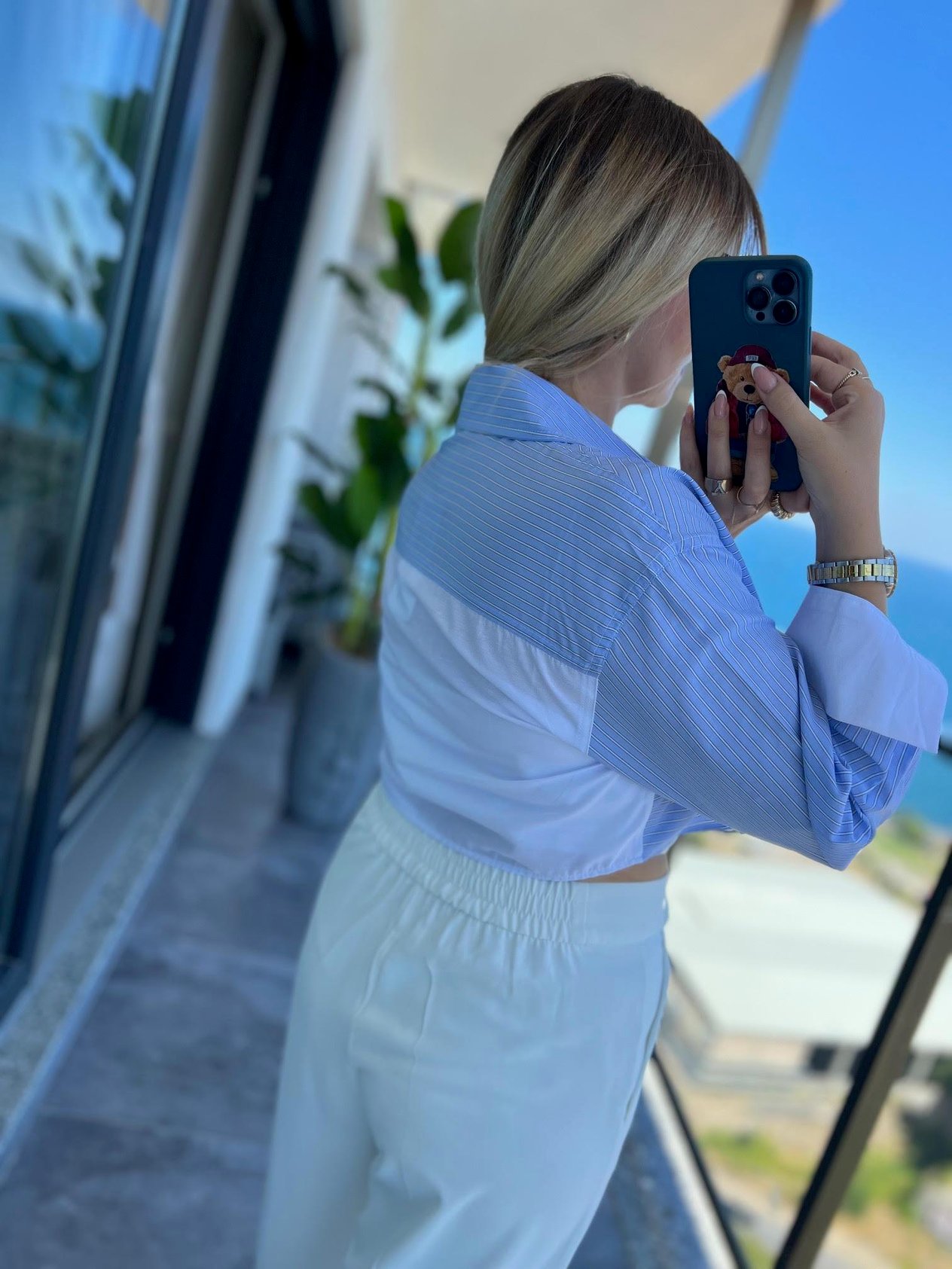 4451 Asimetrik Çizgili Crop Gömlek BEBE MAVİ