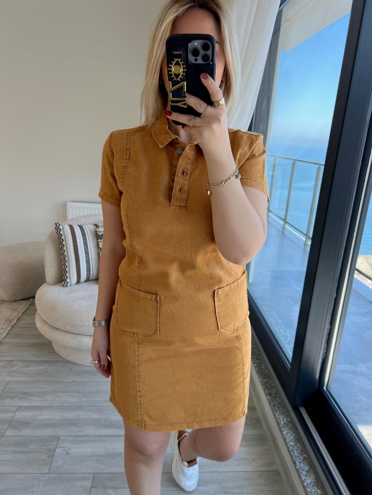 458 Ön Cepli Gabardin Elbise CAMEL