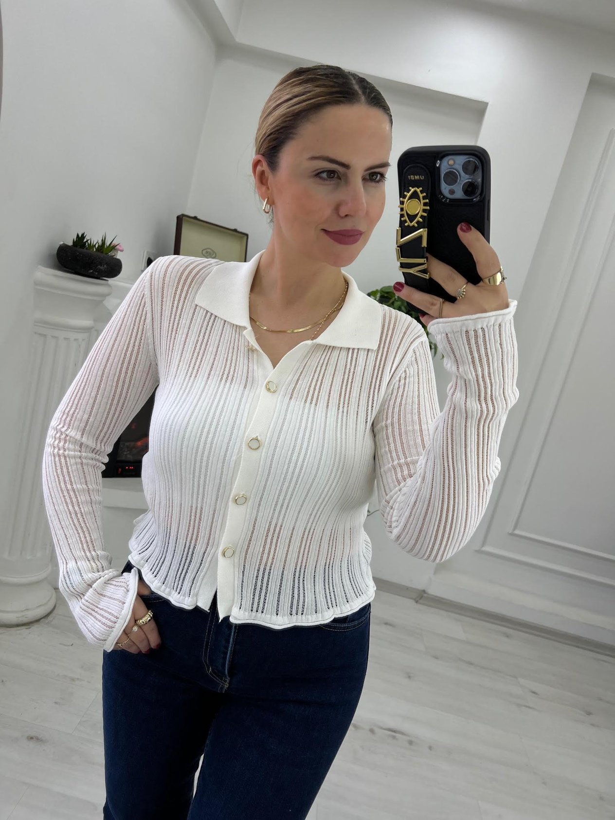 60200 Transparan Polo Yaka Hırka