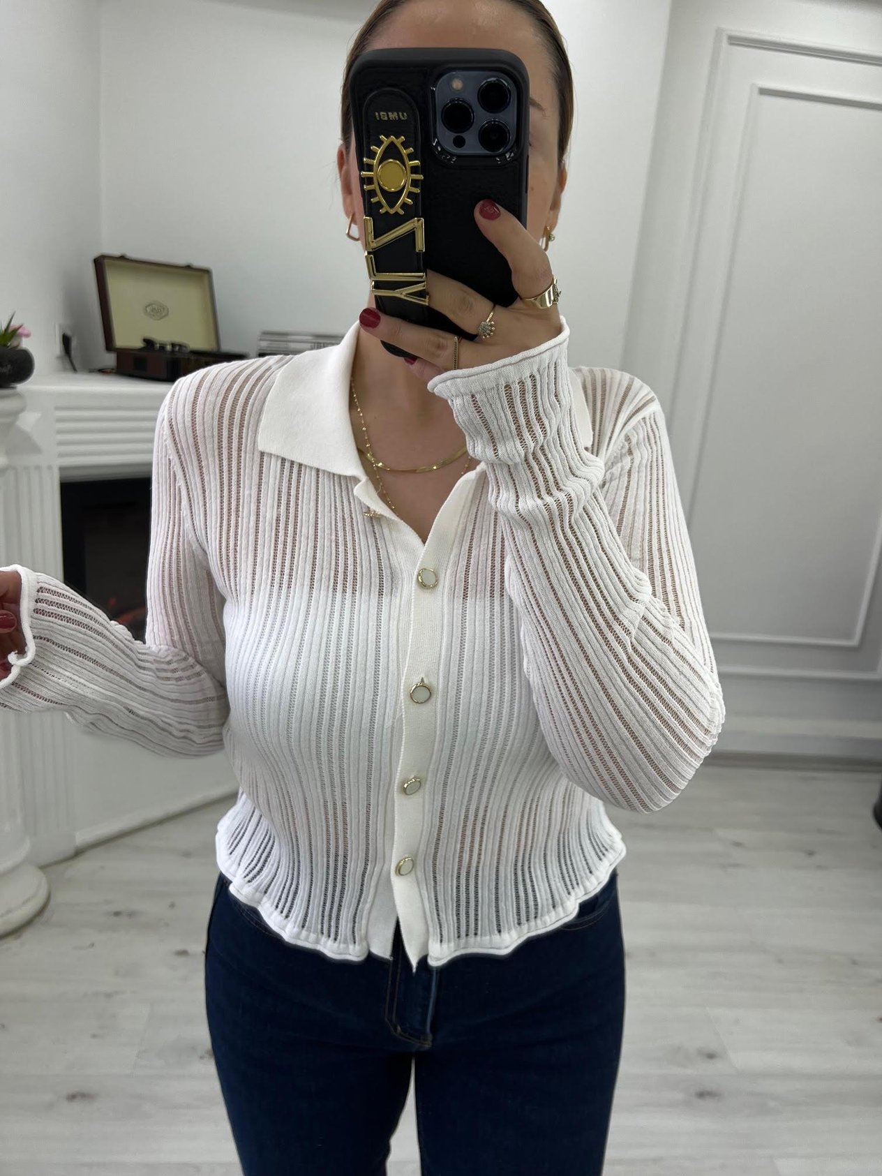 60200 Transparan Polo Yaka Hırka
