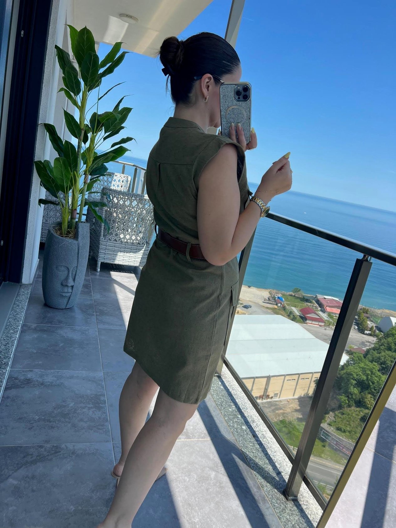 8100 Keten Safari Elbise HAKİ YEŞİL