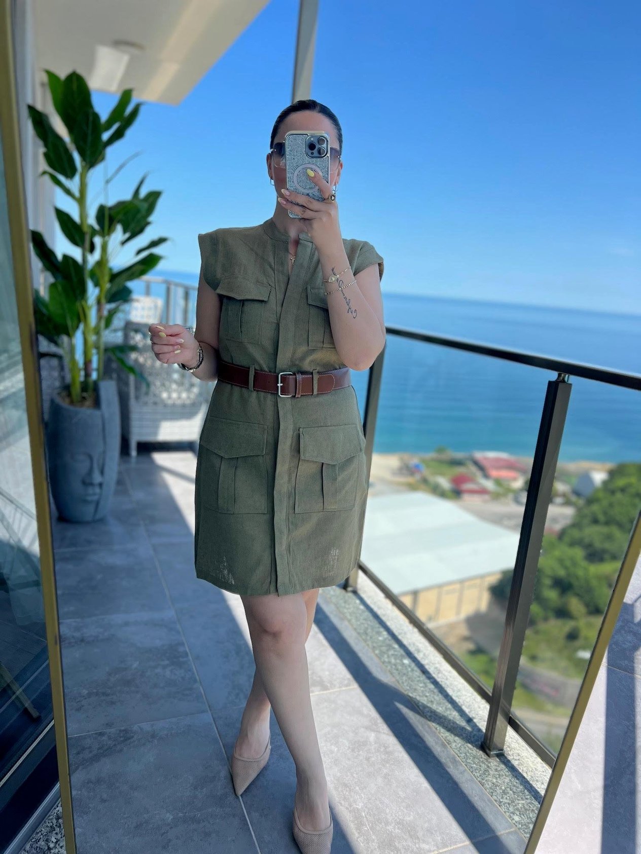 8100 Keten Safari Elbise HAKİ YEŞİL