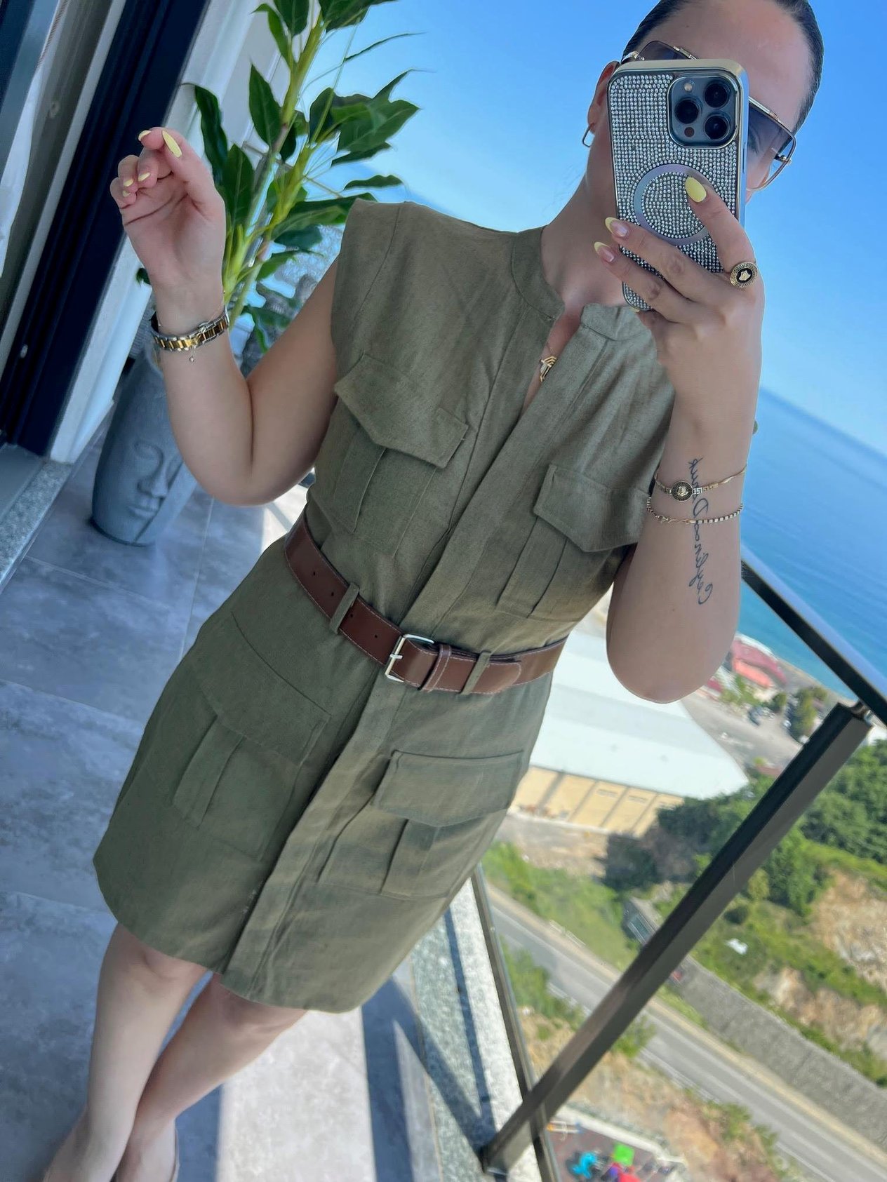 8100 Keten Safari Elbise HAKİ YEŞİL