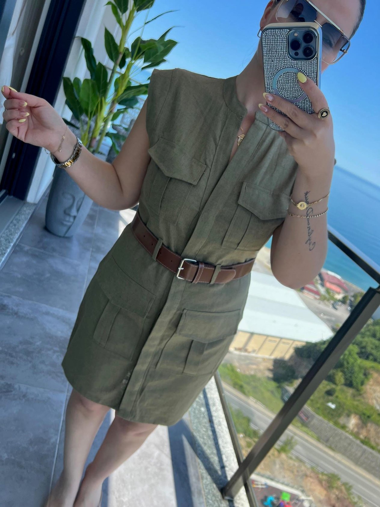 8100 Keten Safari Elbise HAKİ YEŞİL