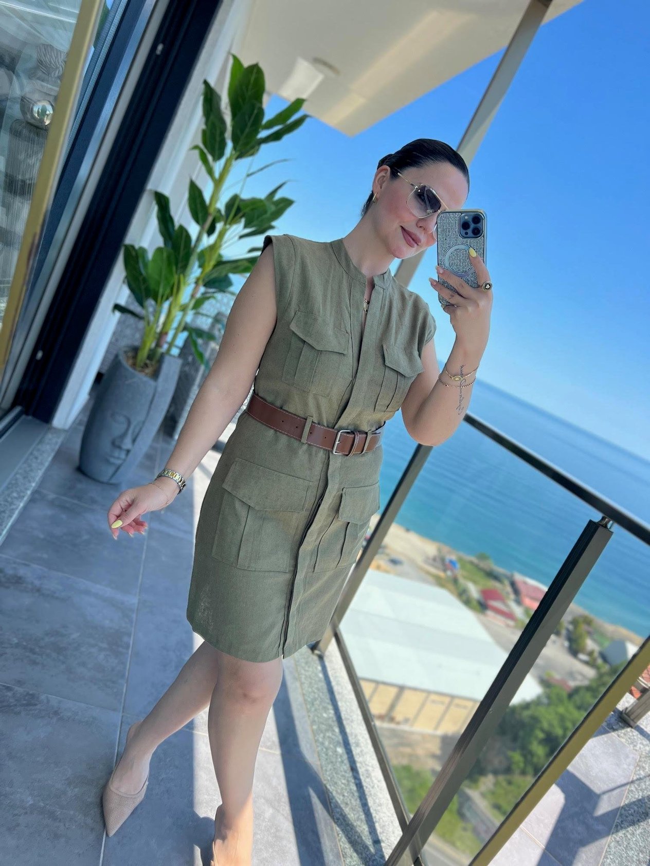 8100 Keten Safari Elbise HAKİ YEŞİL