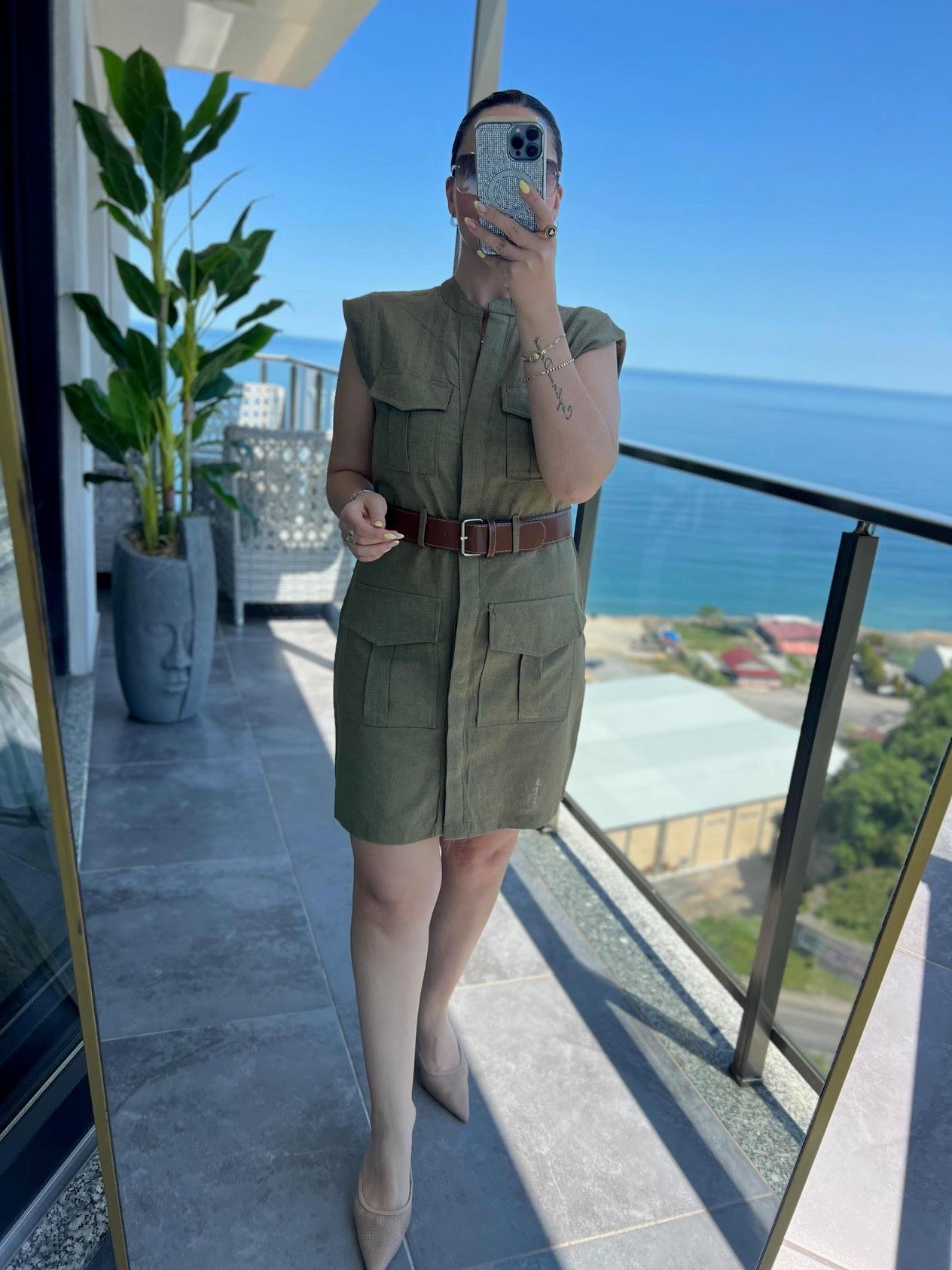 8100 Keten Safari Elbise HAKİ YEŞİL