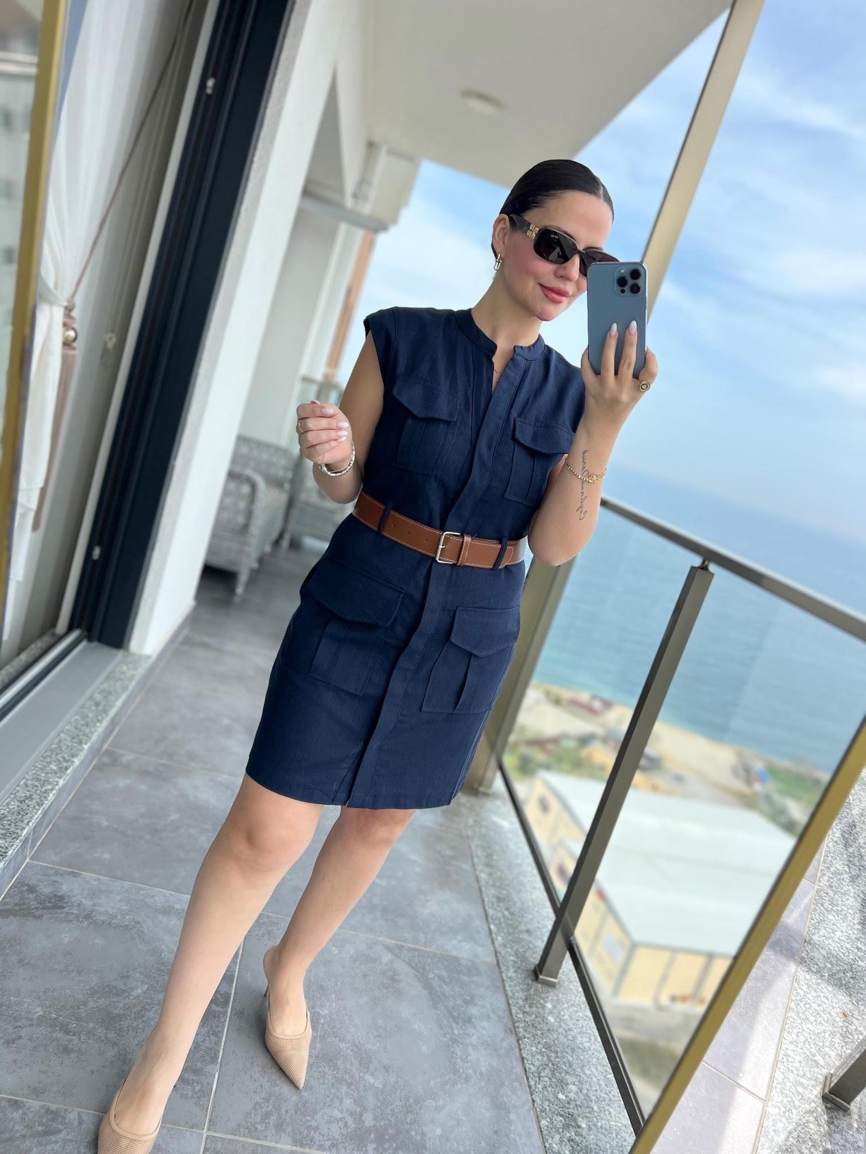 8100 Keten Safari Elbise LACİVERT