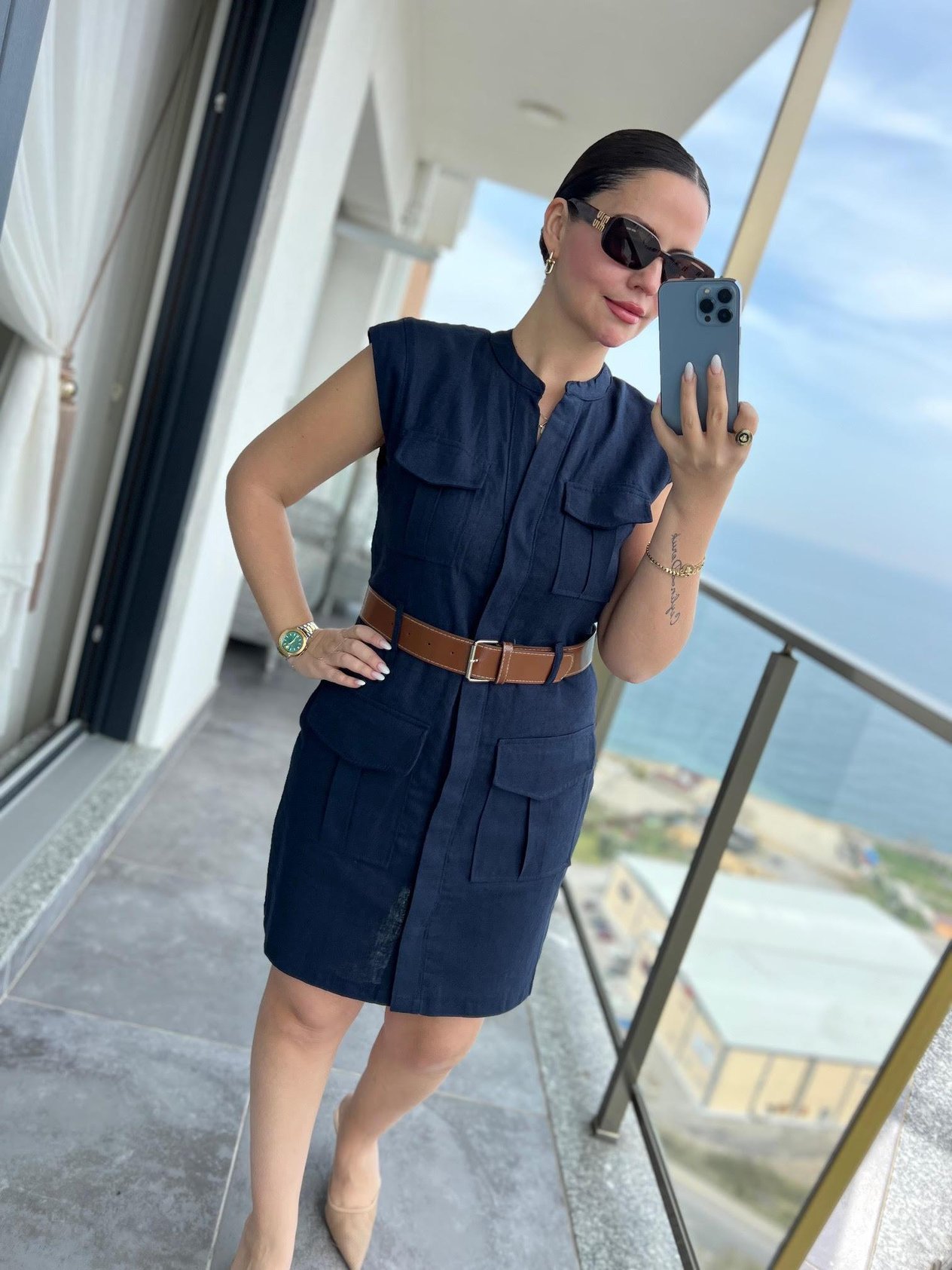 8100 Keten Safari Elbise LACİVERT