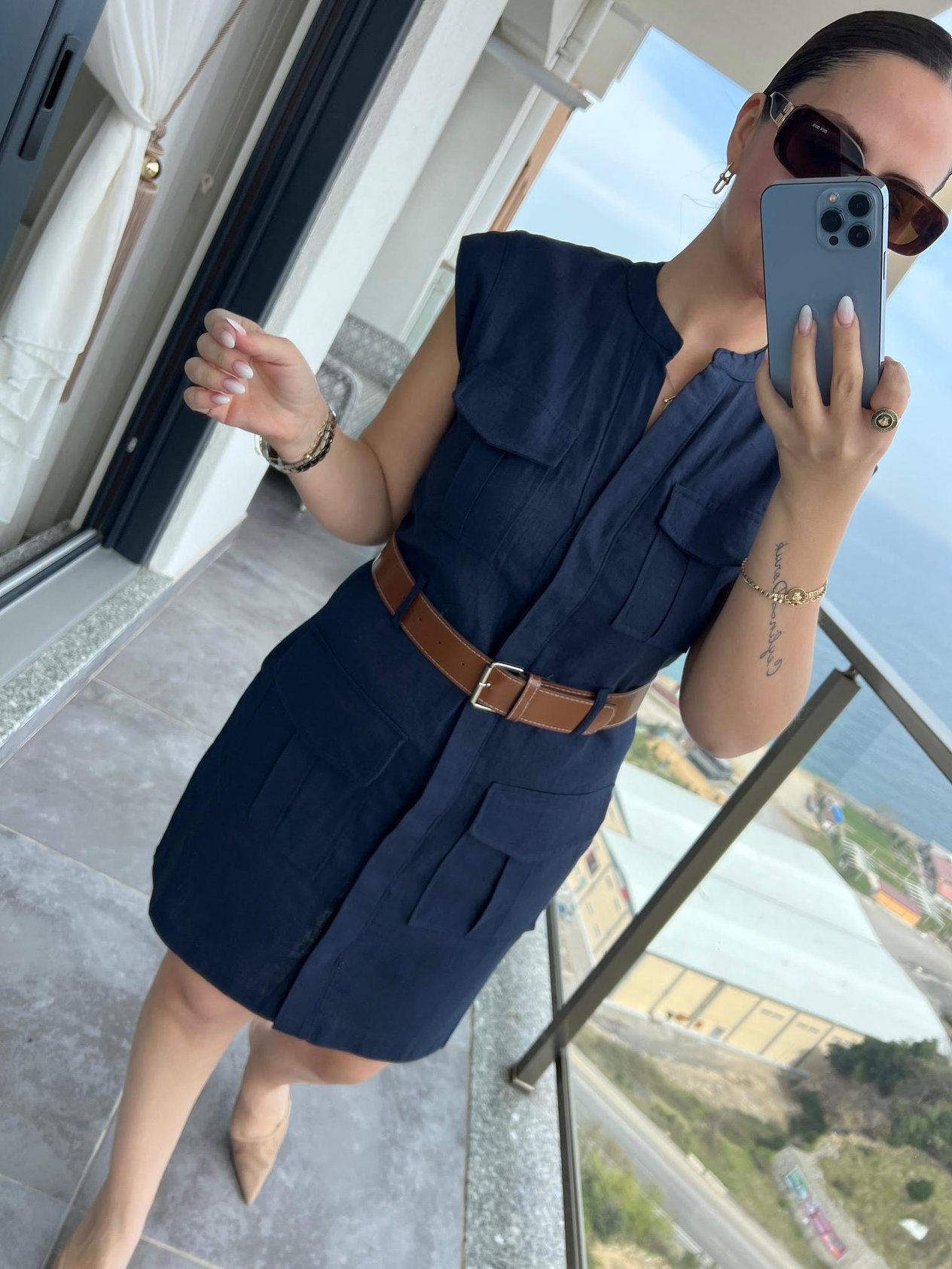 8100 Keten Safari Elbise LACİVERT